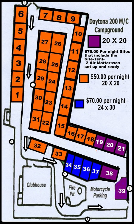 Daytona Beach Campground Layout, $50 per night for 20 by 20. 70 per night for 24 by 30.