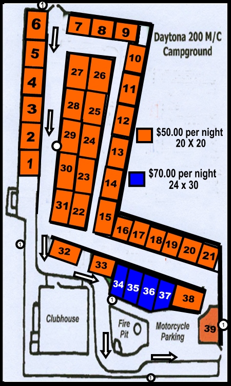 Daytona Beach Campground Layout, $50 per night for 20 by 20. 70 per night for 24 by 30.
